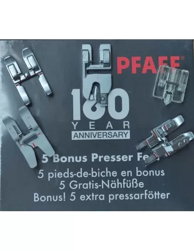 Il kit deluxe Pfaff comprende 5 piedini extra corredo per completare la tua macchina